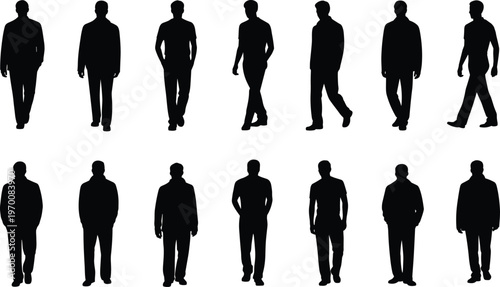 Set of business men silhouettes walking and standing, professional male figures collection, isolated vector for corporate people, office workers, formal attire characters design