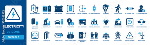 Electricity solid vector glyph icon set featuring battery charging, power connection, electric repair, circuit breaker, light bulb, solar panel, and wind turbine symbols.