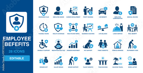 Employee Benefits solid vector glyph icon set including insurance plan, career development, health coverage, pension investment, retirement fund, and salary bonus icons.