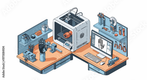 3D Printing Workshop and Robotics Laboratory Isometric Illustration showing Prototyping, CAD Software, and Engineering Tools