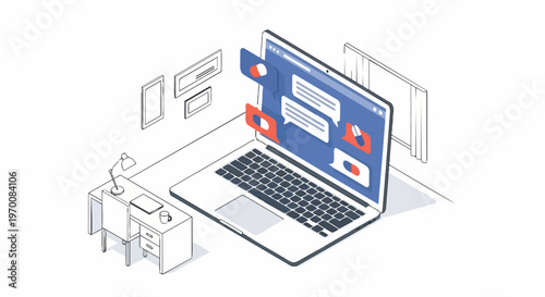 Telemedicine and Online Pharmacy Concept Isometric Illustration with Laptop Chat and Pills Icons