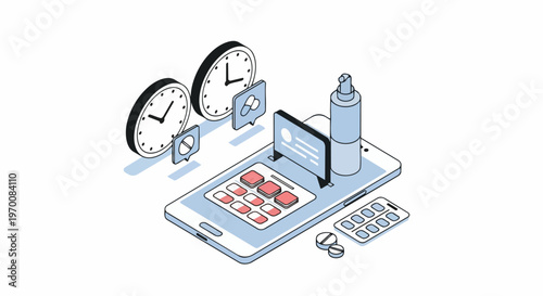 Isometric Illustration of Healthcare Mobile App with Medication Reminders, Pills, and Clocks for Digital Health and Online Pharmacy Services