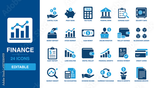 Finance solid vector glyph icon set including capital flow, piggy bank, tax filing, stock market, digital wallet, credit cards, financial growth, and market insight icons.