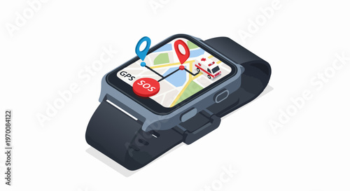 Isometric Smartwatch with Emergency SOS and GPS Tracking Displaying Ambulance Location on Map for Medical Safety