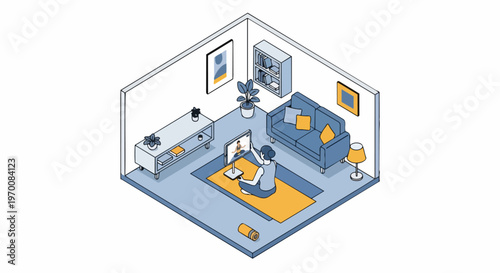 Isometric Illustration of Woman Doing Yoga at Home with Online Video Tutorial on Tablet