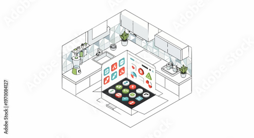 Isometric Smart Kitchen with Digital Pharmacy App Interface for Online Medicine Ordering and Healthcare Management