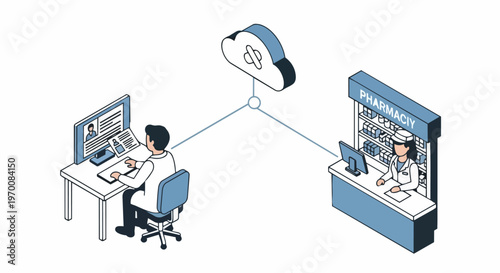 E-Prescription and Digital Healthcare Concept: Isometric Illustration of Doctor and Pharmacist Connected via Cloud Server for Online Medicine Delivery and Pharmacy Services.