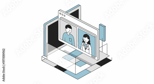 Isometric Illustration of Online Telemedicine Consultation: Doctor and Patient on Virtual Video Call via Laptop for Digital Healthcare Services