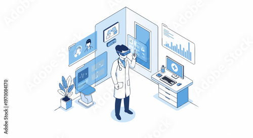 Isometric Illustration of a Female Doctor Using VR Goggles for Medical Diagnostics and Data Analysis in a Futuristic Digital Healthcare Facility