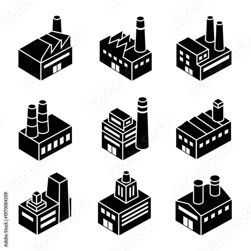 Schilderij op canvas Collection of Isometric Factory and Industrial Building Icons Set
