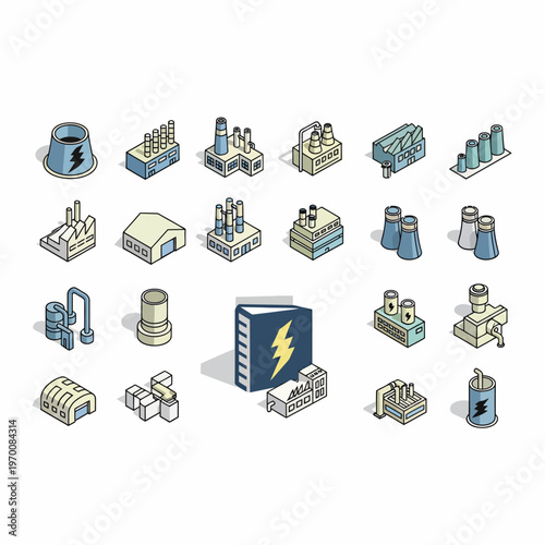 Comprehensive collection of isometric industrial buildings power plants and energy infrastructure icons set.