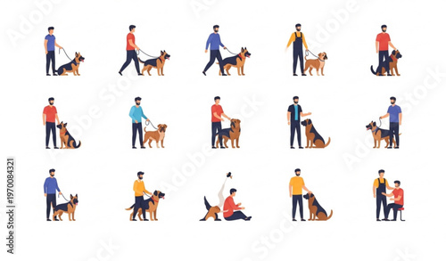 Men with big breed dogs vector set with owners and large pet icons