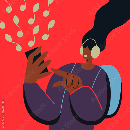 Black Woman listening to music with headphones using smartphone streaming audio entertainment and lifestyle concept.