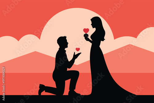 man proposing to woman with hearts at sunset