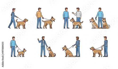 Men with big dogs vector bundle with pet owner lifestyle icons and large breeds