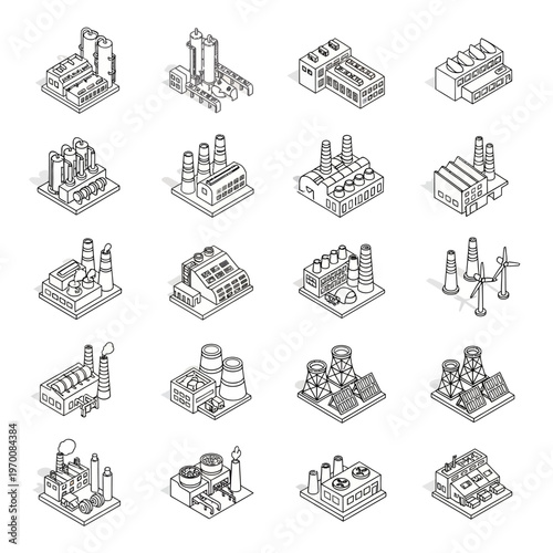 Isometric Industrial Buildings and Factories Doodle Icons Set.