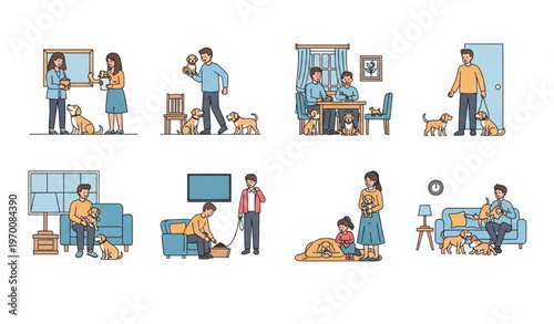 Pet dog family vector bundle with home lifestyle scenes and people characters