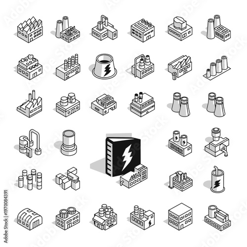 Isometric Industrial Buildings and Factories Icon Set with Central Book Symbol.