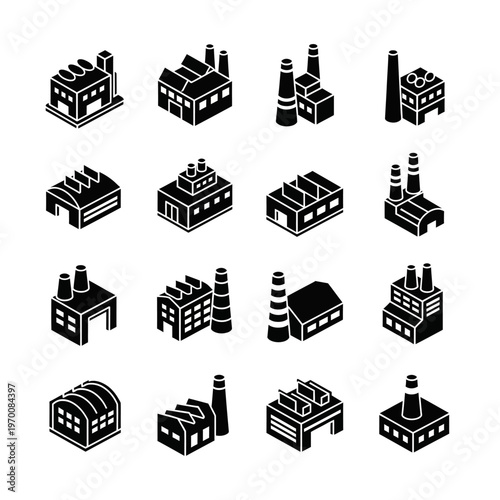 Isometric Industrial Buildings and Factories Icon Set.