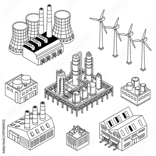 Isometric line art collection of industrial buildings and energy production facilities.