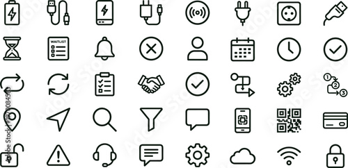 Charging workflow interface outline icon set featuring notification authentication navigation support symbols for electric vehicle apps websites dashboards presentations design