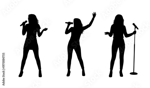 Female singer silhouettes set with microphone stand and singing poses isolated on white background music vector collection
