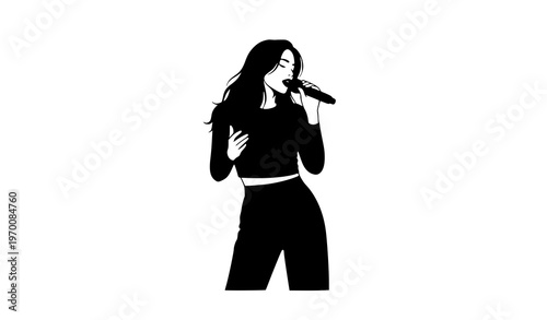 Female singer silhouette holding microphone performing isolated on white background music artist vector illustration