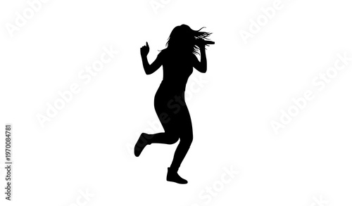 Dynamic female singer dancing with microphone silhouette isolated on white background live music performance vector design