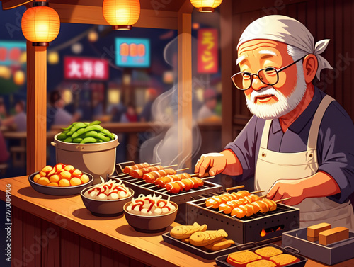 Traditional Japanese Yatai Street Food Stall at Night Vector