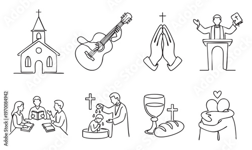 Christianity icons set showing church, prayer, bible study, baptism, worship elements