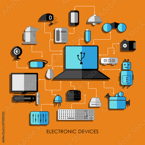 Electronic Devices Vector Illustration – Smart Gadgets, IoT Technology, Connected Devices, Modern Tech Infographic Design