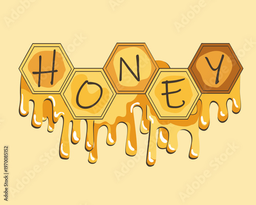 Dripping honeycomb composition decorated Honey lettering. Organic and wild honey concept. Vector isolated hand drawn illustration.