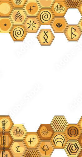 Honeycomb border fame seamless pattern. Bee honey combs border decorated doodle ancient and tribal symbols background. Organic and wild honey concept. Vector hand drawn illustration