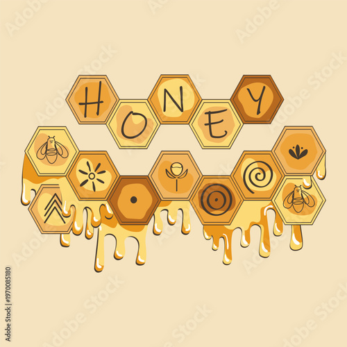 Dripping honeycomb composition decorated doodle ancient and tribal honey symbols and lettering. Organic and wild honey concept. Vector isolated hand drawn illustration