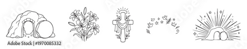 Christian easter resurrection line art set with empty tomb, cross, lily, and dove symbols