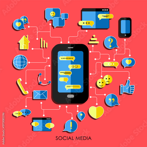 Modern social networking vector illustration featuring chat interfaces, user interaction, mobile platforms, and online community elements. Clean, scalable design ideal for apps, UI kits, marketing vis