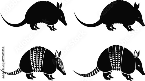 Collection of four black armadillo silhouettes in different stylized designs, vector animal illustration highlighting unique armored body for wildlife, nature, design, and art projects