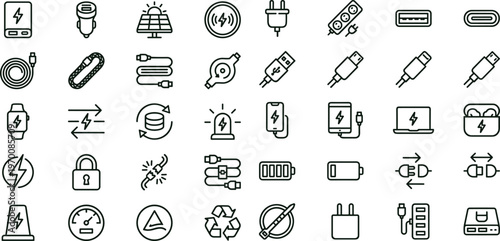 Charging connector types outline icon set featuring electric vehicle plug adapters cable compatibility symbols for apps websites dashboards presentations interface design