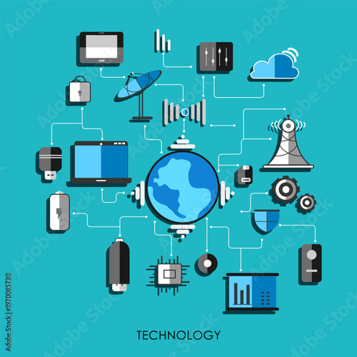 Digital Network Technology Vector Illustration – Cloud Systems, Connected Devices, Data Exchange, Global Infrastructure Concept