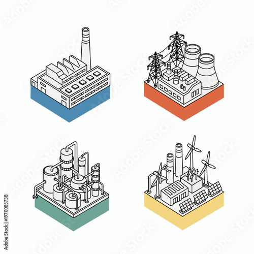 Isometric Industrial Buildings and Power Plants Vector Illustration Set.