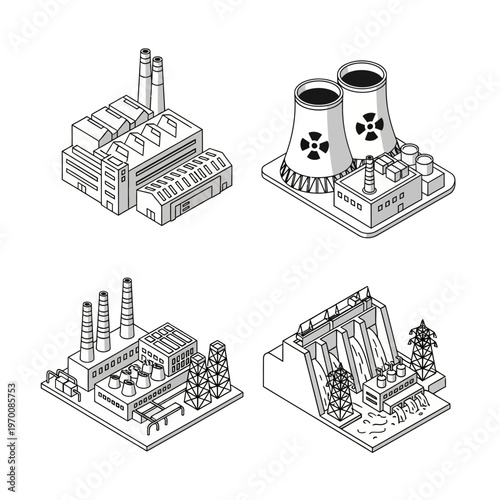 Isometric Industrial Buildings and Power Plants Set.
