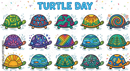 Colorful cartoon turtles with creative shell designs for World Turtle Day or conservation themes