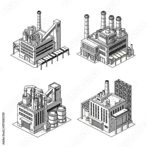 Isometric Industrial Buildings Collection - Detailed Line Art of Factories and Plants.