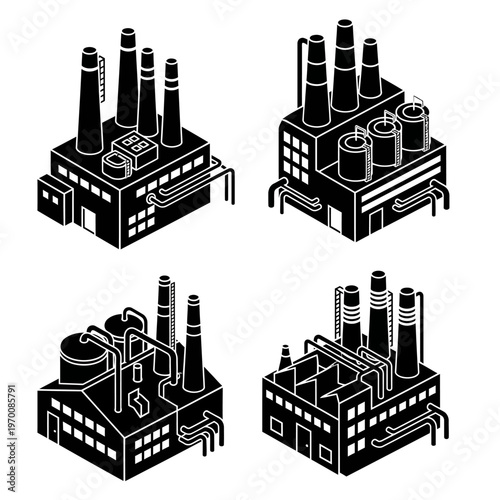 Isometric Industrial Factory Buildings Set with Chimneys and Pipes.