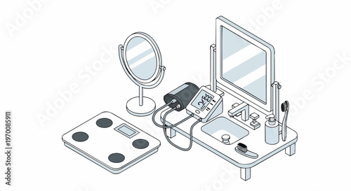 Isometric Bathroom Health Station with Digital Blood Pressure Monitor, Smart Scale, and Personal Care Items