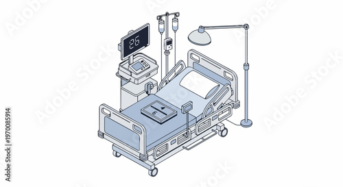 Isometric Hospital Bed with Vital Signs Monitor and Medical Equipment Illustration in Blue and White Style