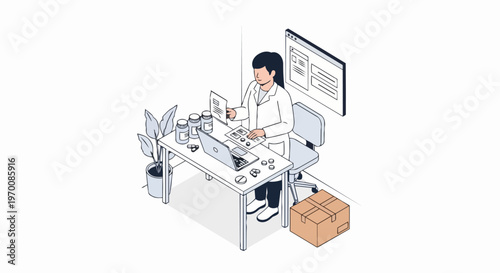 Pharmacist Working on Laptop at Desk for Online Pharmacy and Telemedicine Concept. Isometric vector illustration of medical professional processing digital prescriptions.