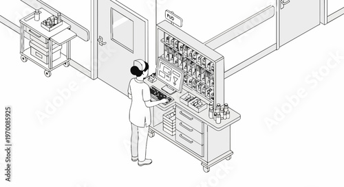 Isometric Line Art Illustration of a Nurse Using an Automated Medication Dispensing System in a Hospital Corridor, Healthcare Technology and Pharmacy Workflow Concept