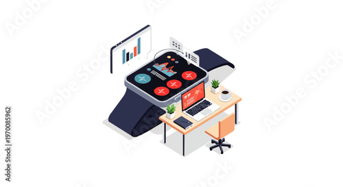 Isometric Smartwatch Health Tracking App Interface with Office Desk Workspace, Digital Biometric Data Monitoring and Wearable Technology Illustration