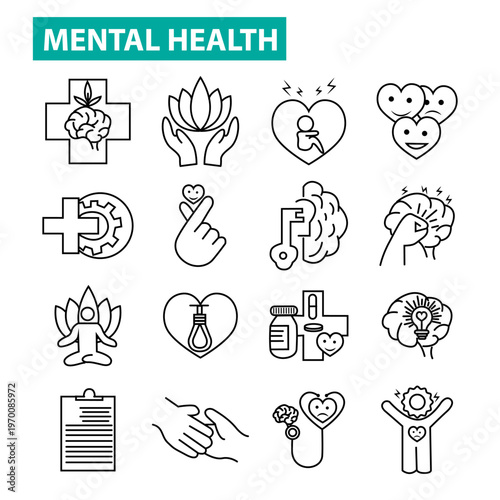 Mental Wellness Line Icon Collection – Psychology, Therapy, Mind Care, Emotional Support, Minimal Outline Set